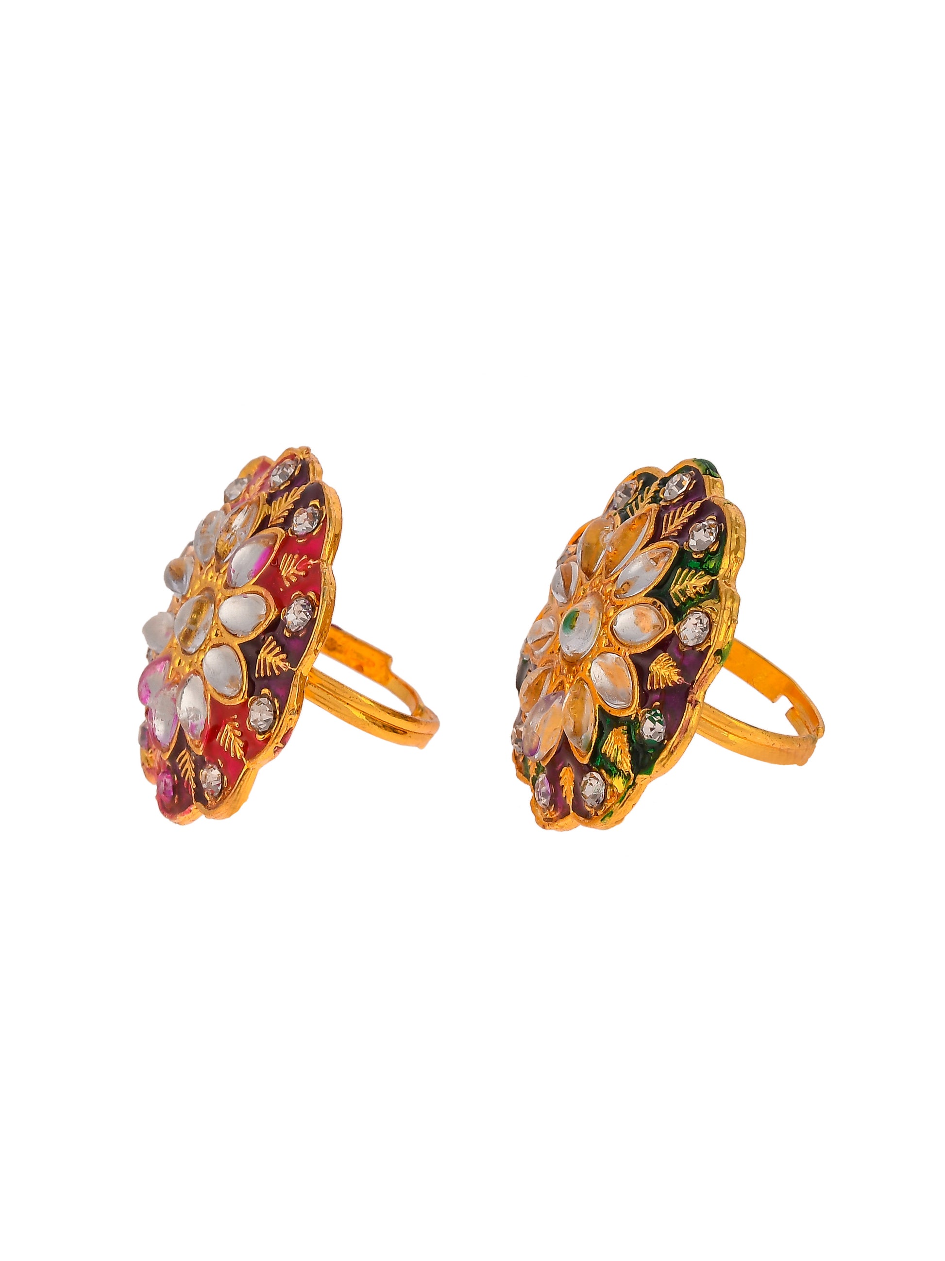 Set of 2 Gold Plated Hand painted Kundan Engagement Finger Rings