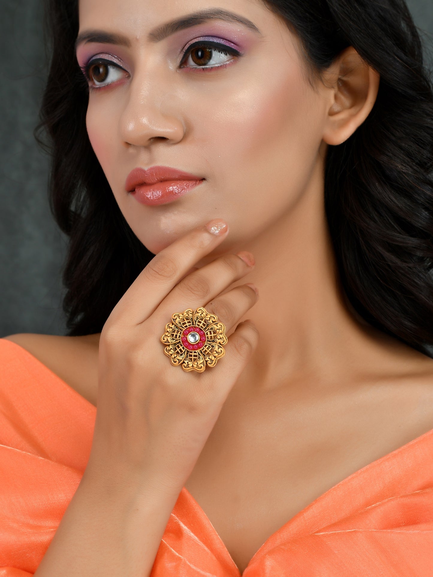 Red Stone South Indian Flower Ring