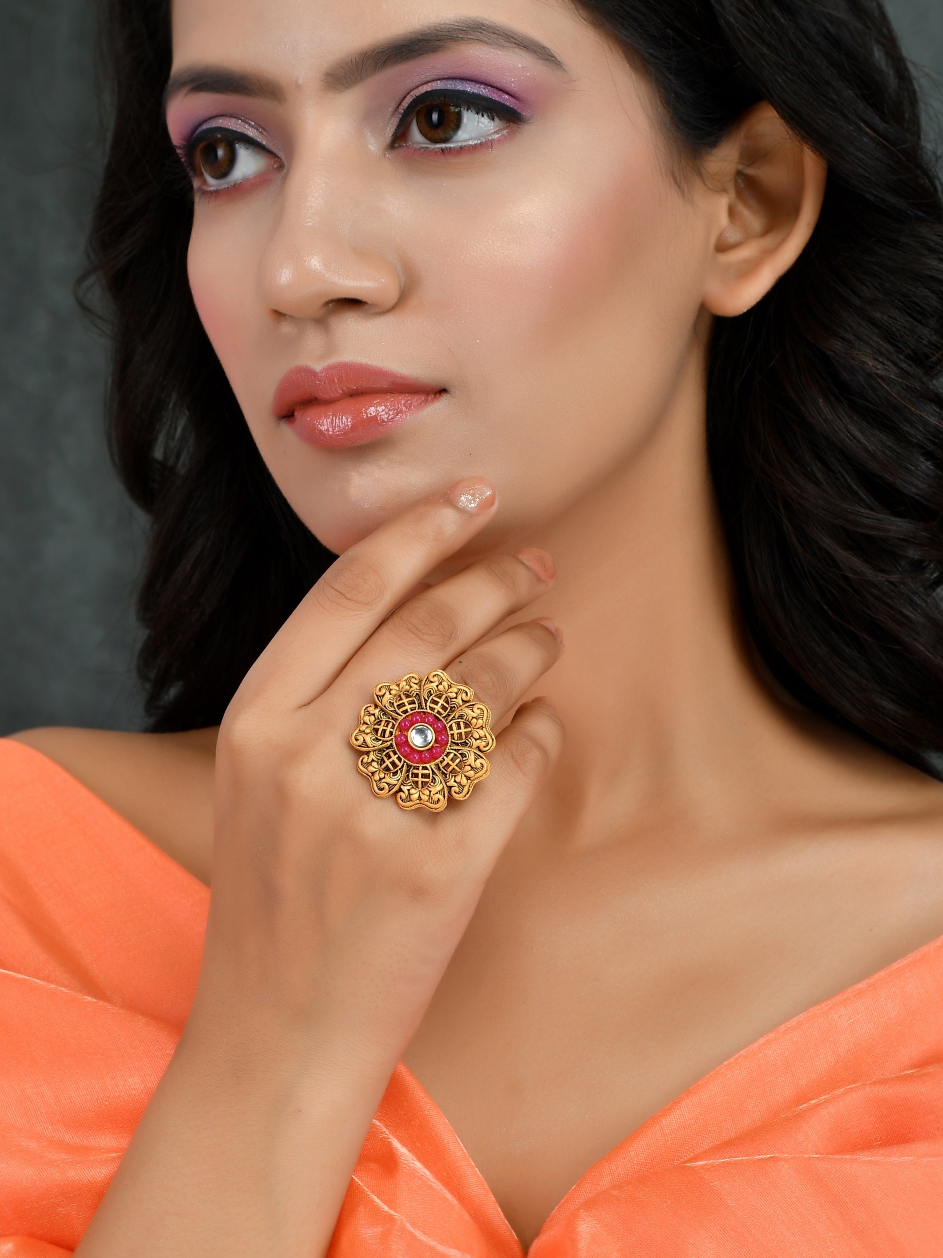 Red Stone South Indian Flower Ring