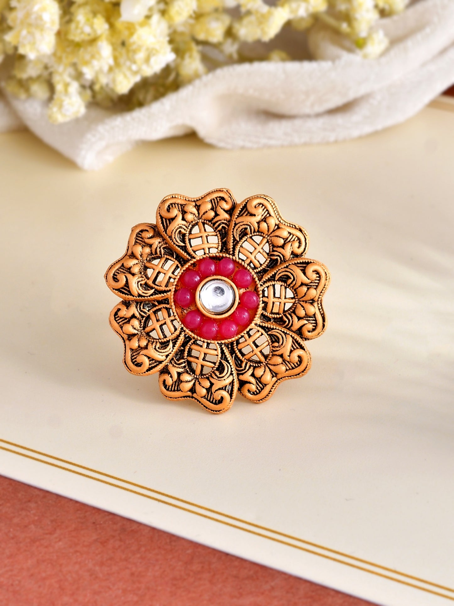 Red Stone South Indian Flower Ring