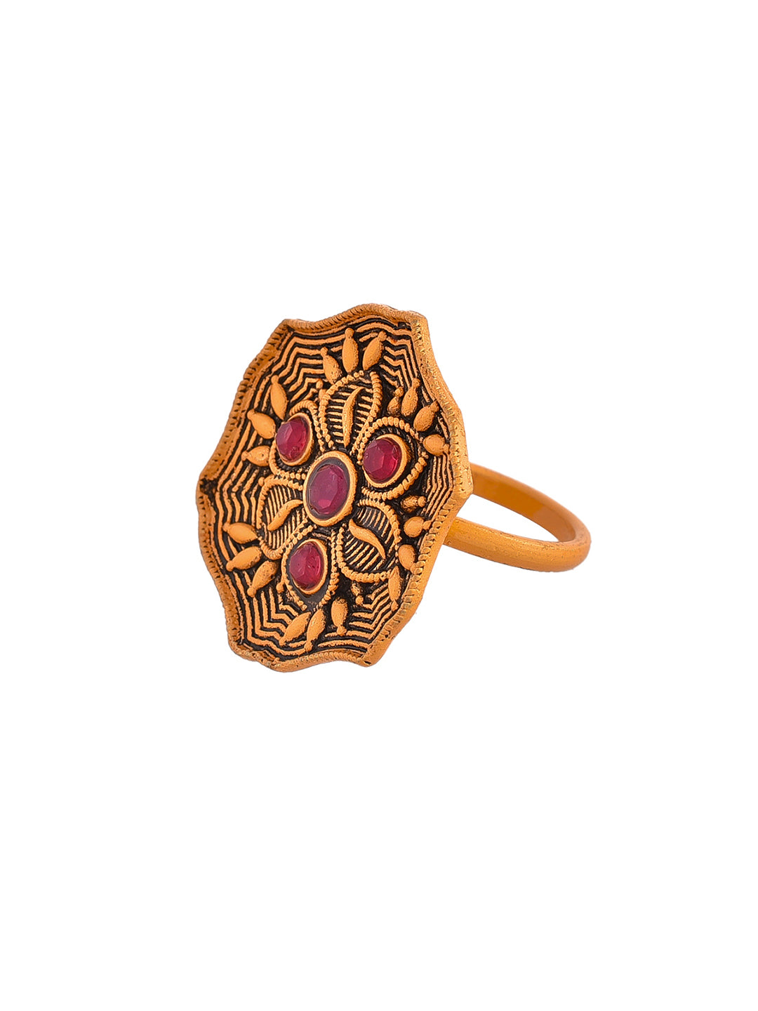 Gold Plated Red Stone Stubbed South Indian Adjustable Finger Ring