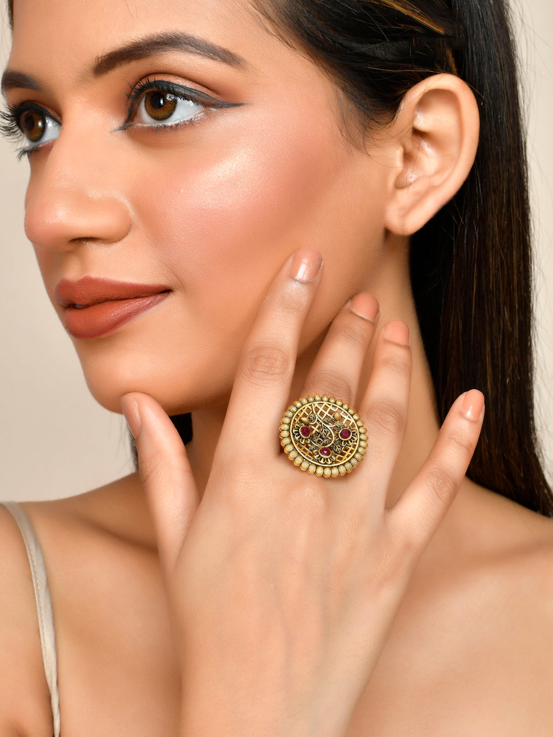 Gold Plated Red Stone Handcrafted Finger Ring