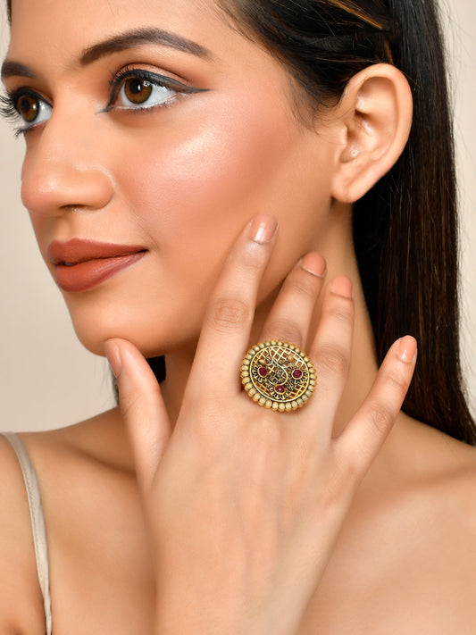 Gold Plated Red Stone Handcrafted Finger Ring