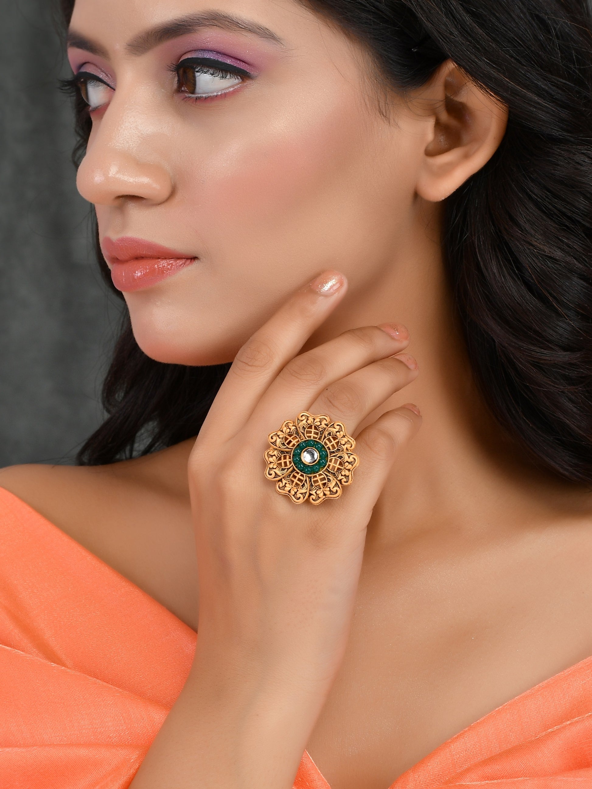 Floral Green Stone South Indian Adjustable Finger rings