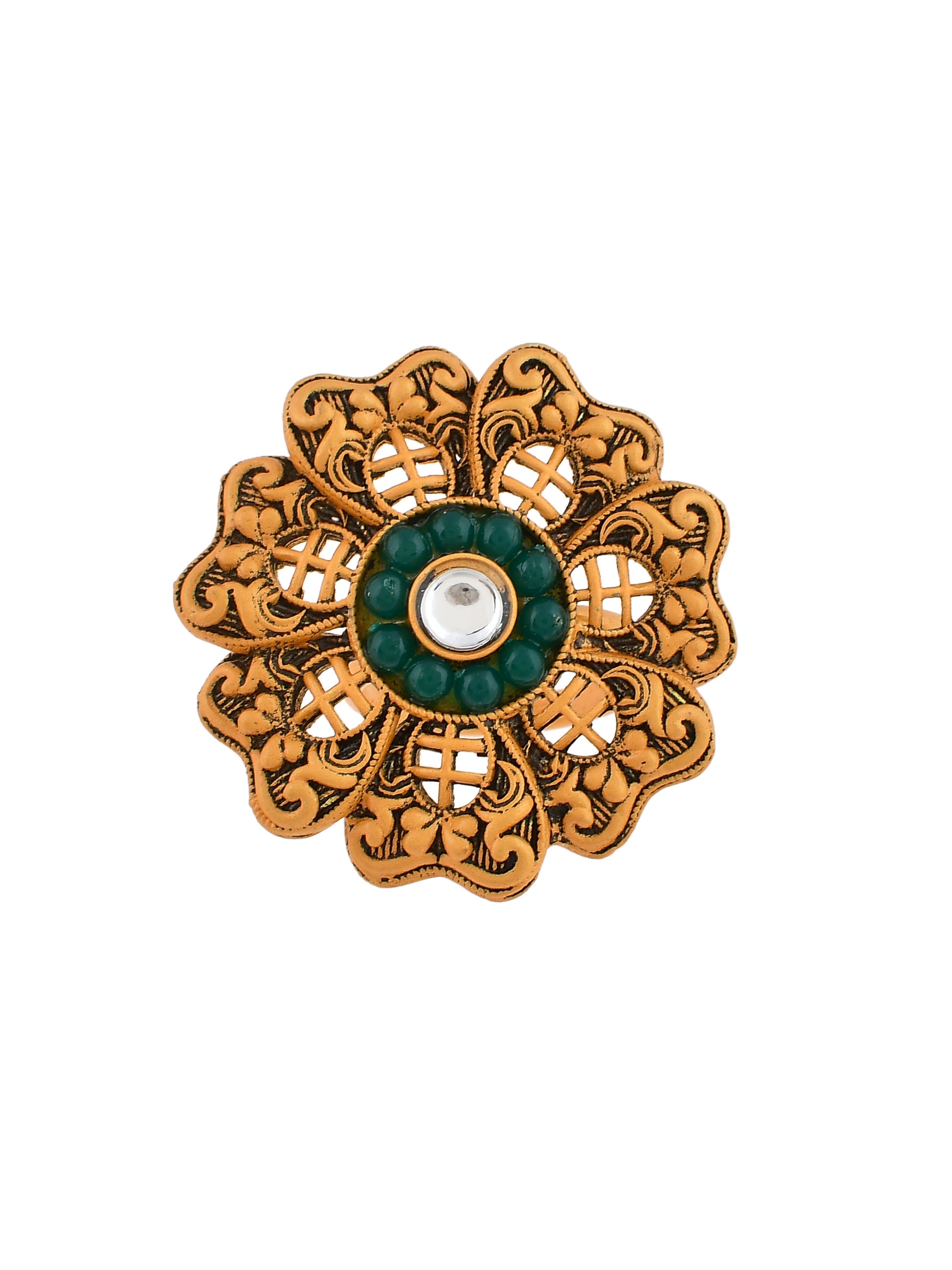 Floral Green Stone South Indian Adjustable Finger rings