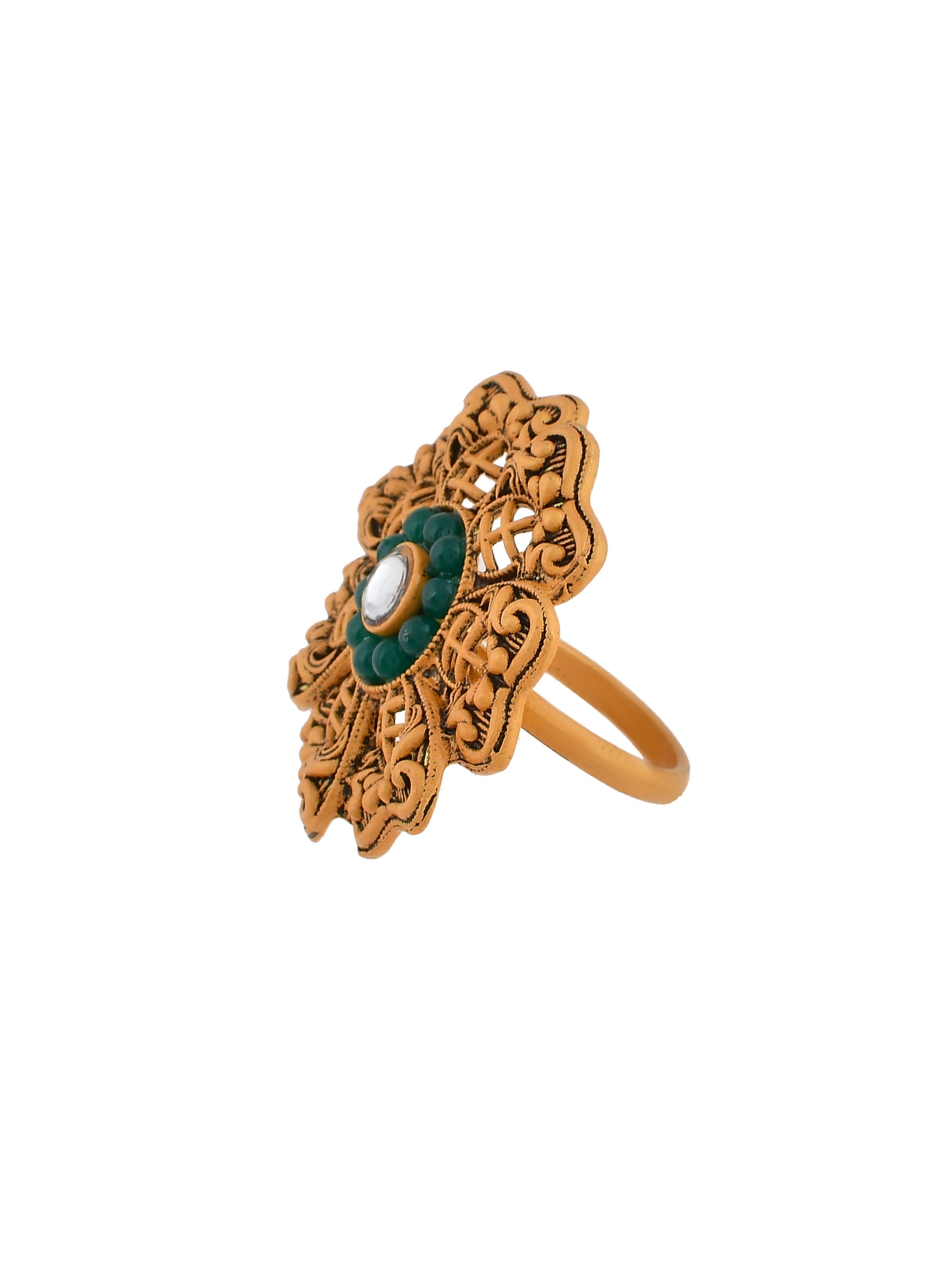 Floral Green Stone South Indian Adjustable Finger rings