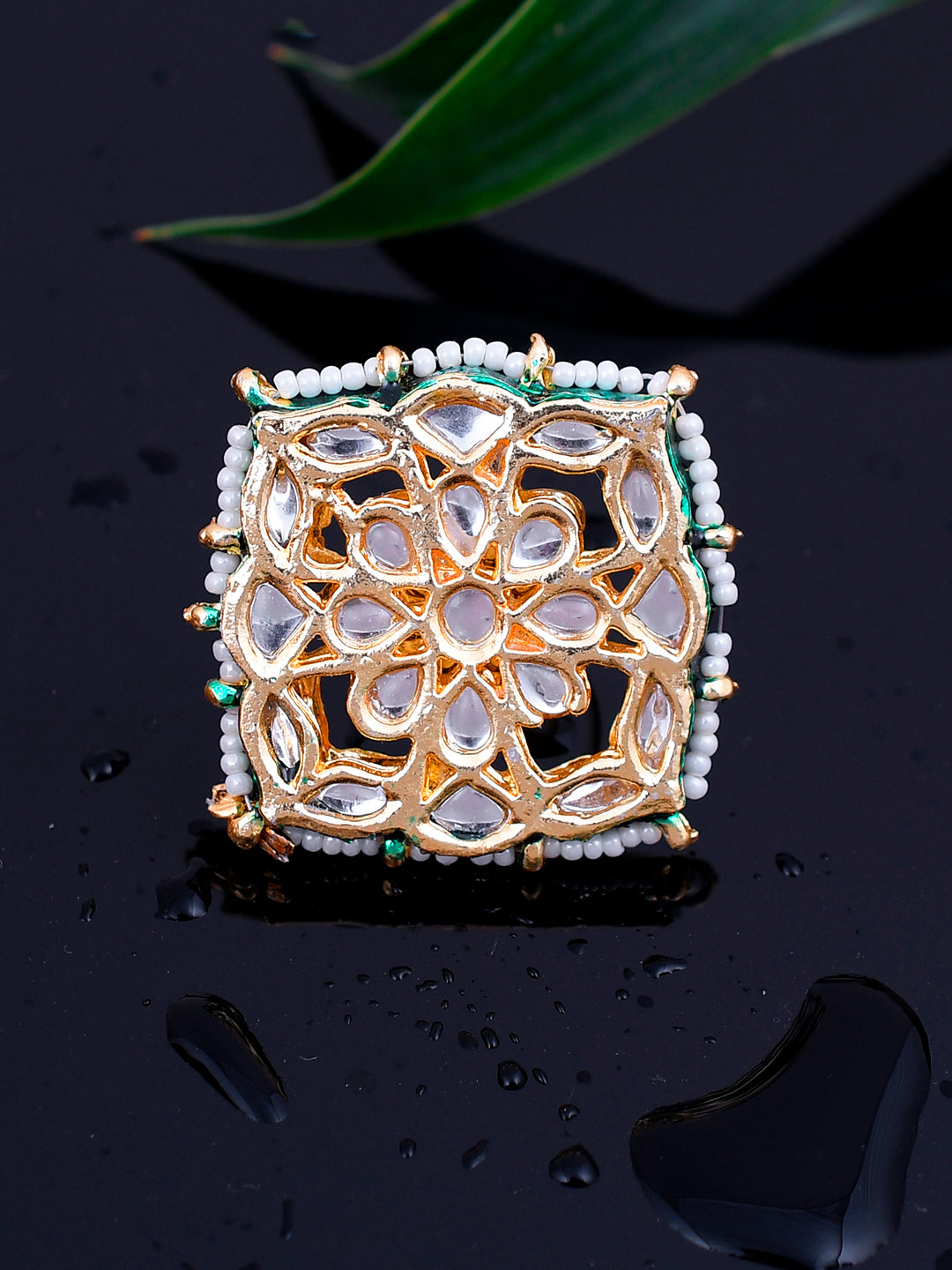 Gold Filigree Ring with Pearl and Emerald Accents