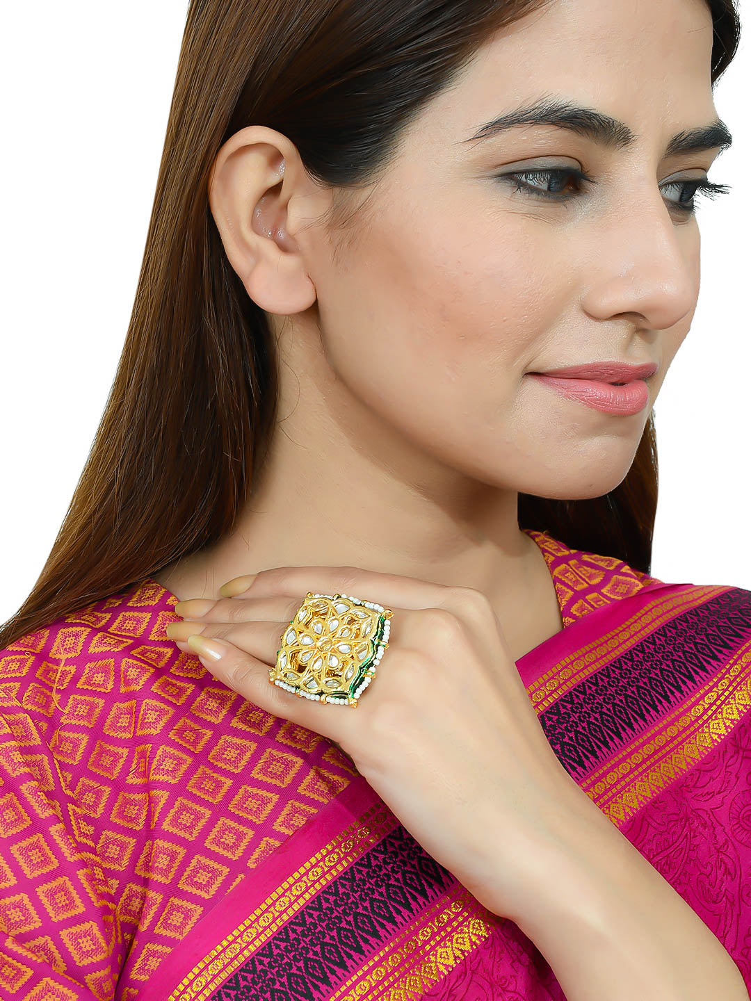 Gold Filigree Ring with Pearl and Emerald Accents