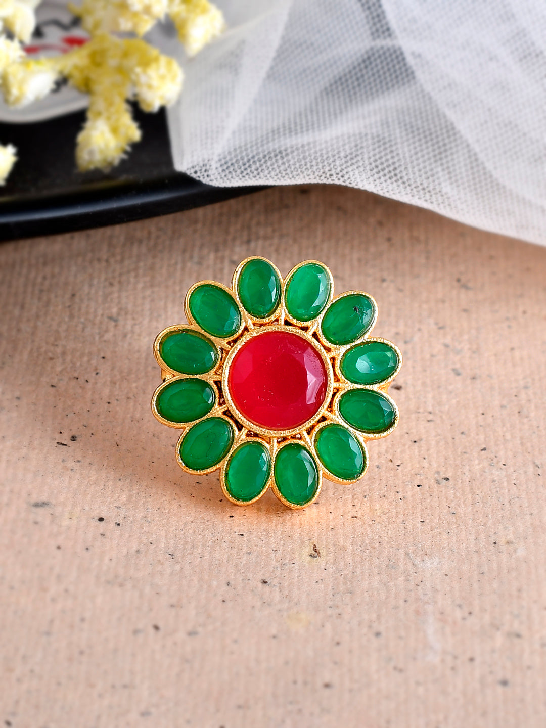 Green Stone Floral Adjustable Ring.