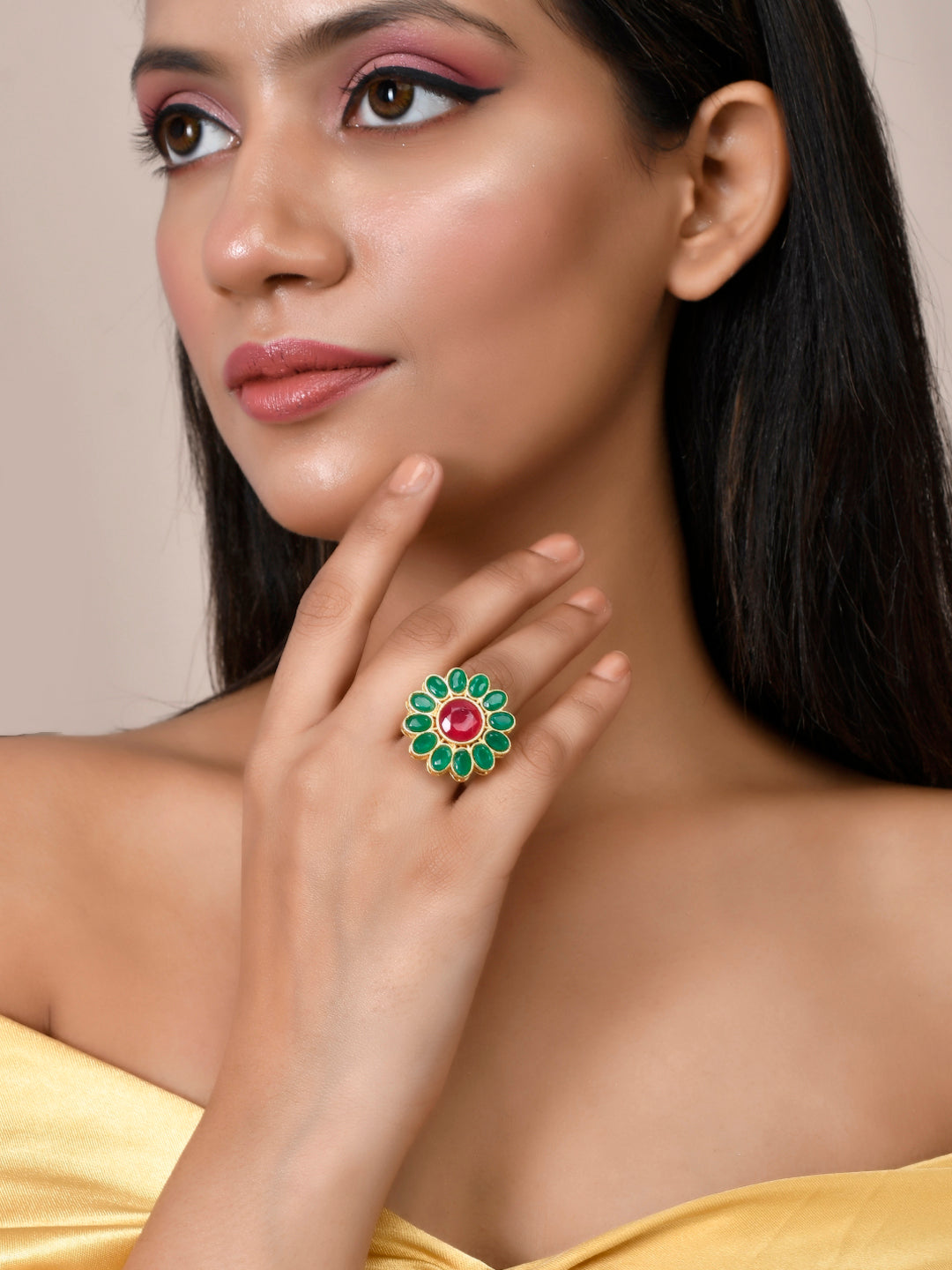 Green Stone Floral Adjustable Ring