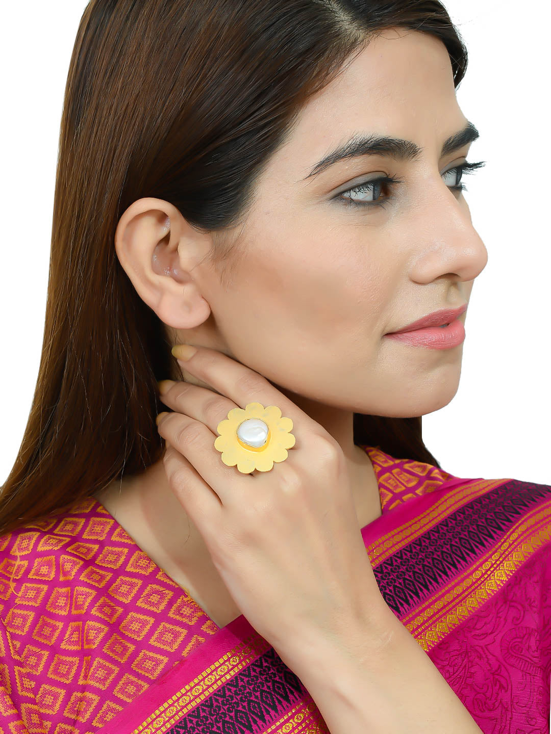 Gold Flower Ring with Pearl Accent