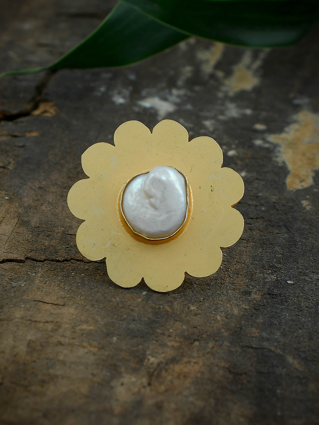 Gold Flower Ring with Pearl Accent