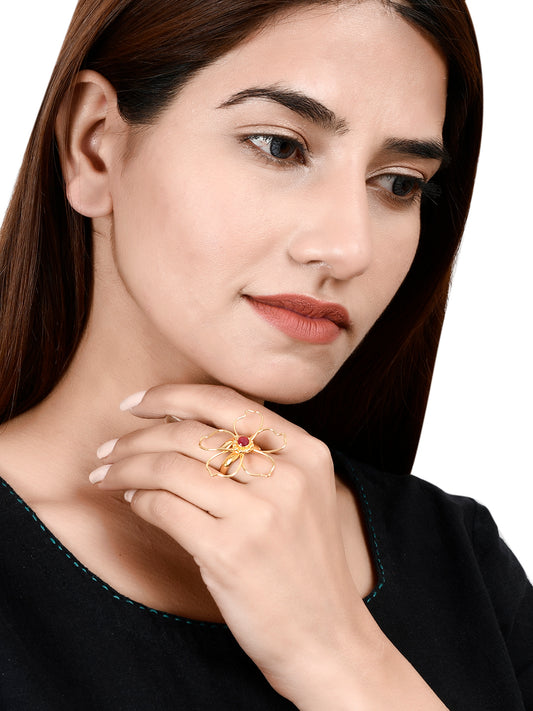 Gold-Plated & Red CZ-Studded Handcrafted Finger Ring