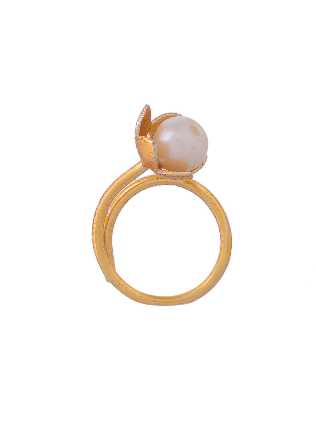 Gold Plated Pearl Adjustable Ring for Women | Floral Open Ring