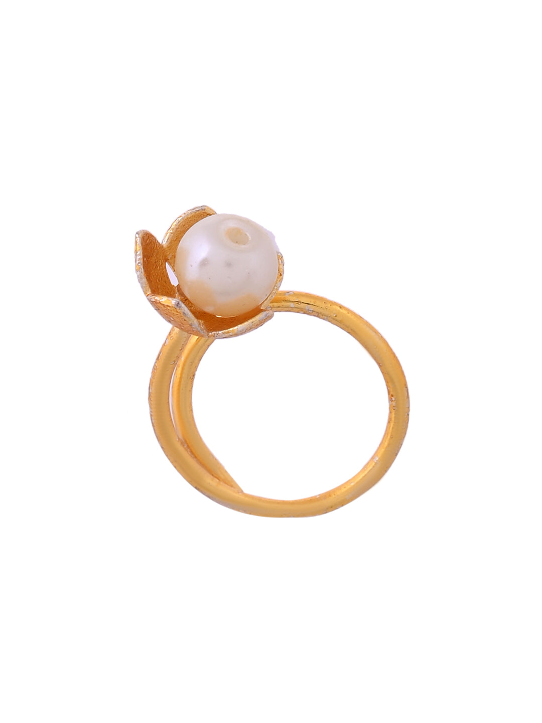 Gold Plated Pearl Adjustable Ring for Women | Floral Open Ring