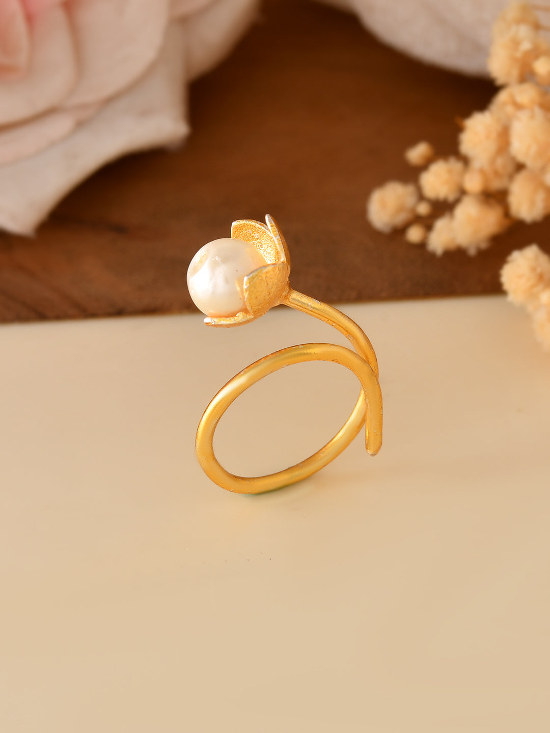 Gold Plated Pearl Adjustable Ring for Women | Floral Open Ring