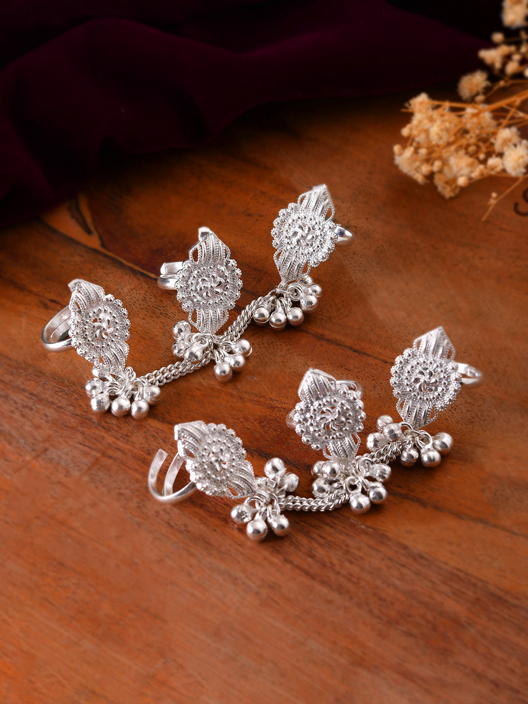 Silver Plated Floral Adjustable Toe Ring For Women & Girls