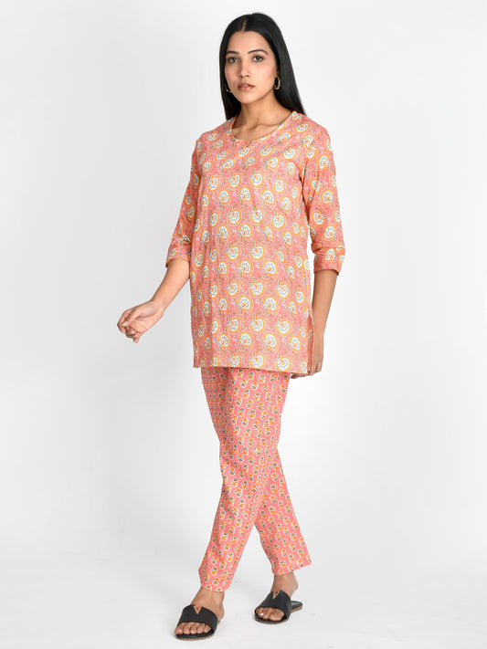 Stay comfortable and stylish with our Women Peach Colored Night Suit. Made for girls and women, this night suit is perfect for a good night's sleep or lounging at home. Made from high-quality materials, it offers a perfect balance of comfort and fashion. Elevate your sleepwear game with this must-have set.