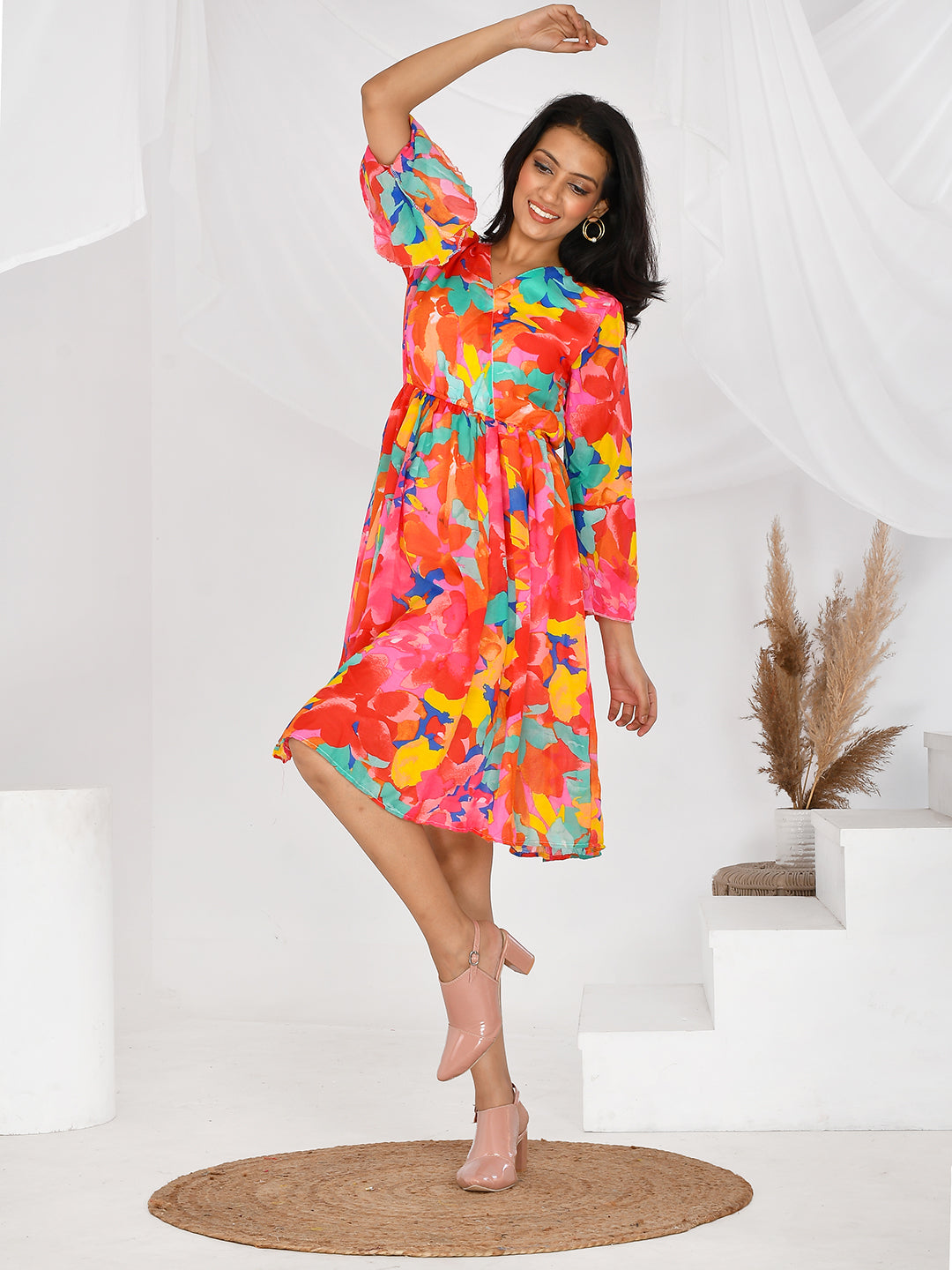 Elevate your party look with our multi-coloured western short dresses designed for girls and women. Made with premium quality fabric, these dresses offer both style and comfort. Perfect for any occasion, these dresses will make you stand out with their vibrant colours and trendy design.