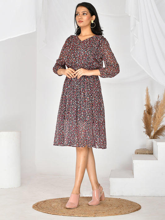 Flaunt your style with the Floral Printed V-Neck Knee Length Western Dress. The delicate floral print and v-neck design add a touch of femininity to this dress, making it the perfect choice for any occasion. Its knee-length cut ensures a flattering fit while keeping you comfortable all day long.   