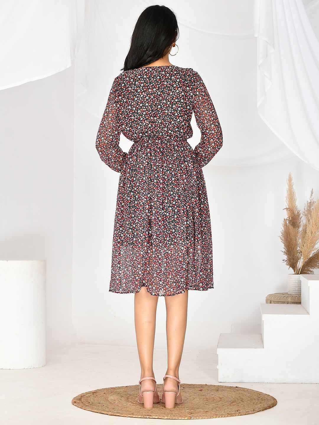 Designer Floral Printed V-Neck Knee Length Western Dress