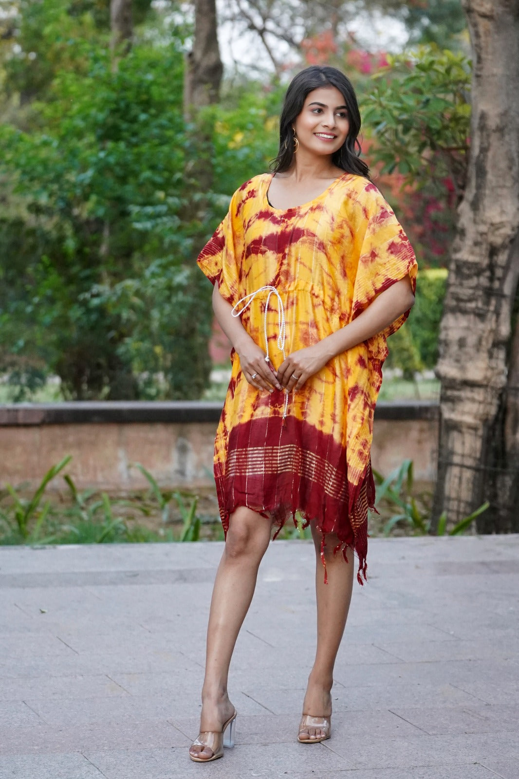 Tie Dye Shibori Print Kaftan Midi Dress