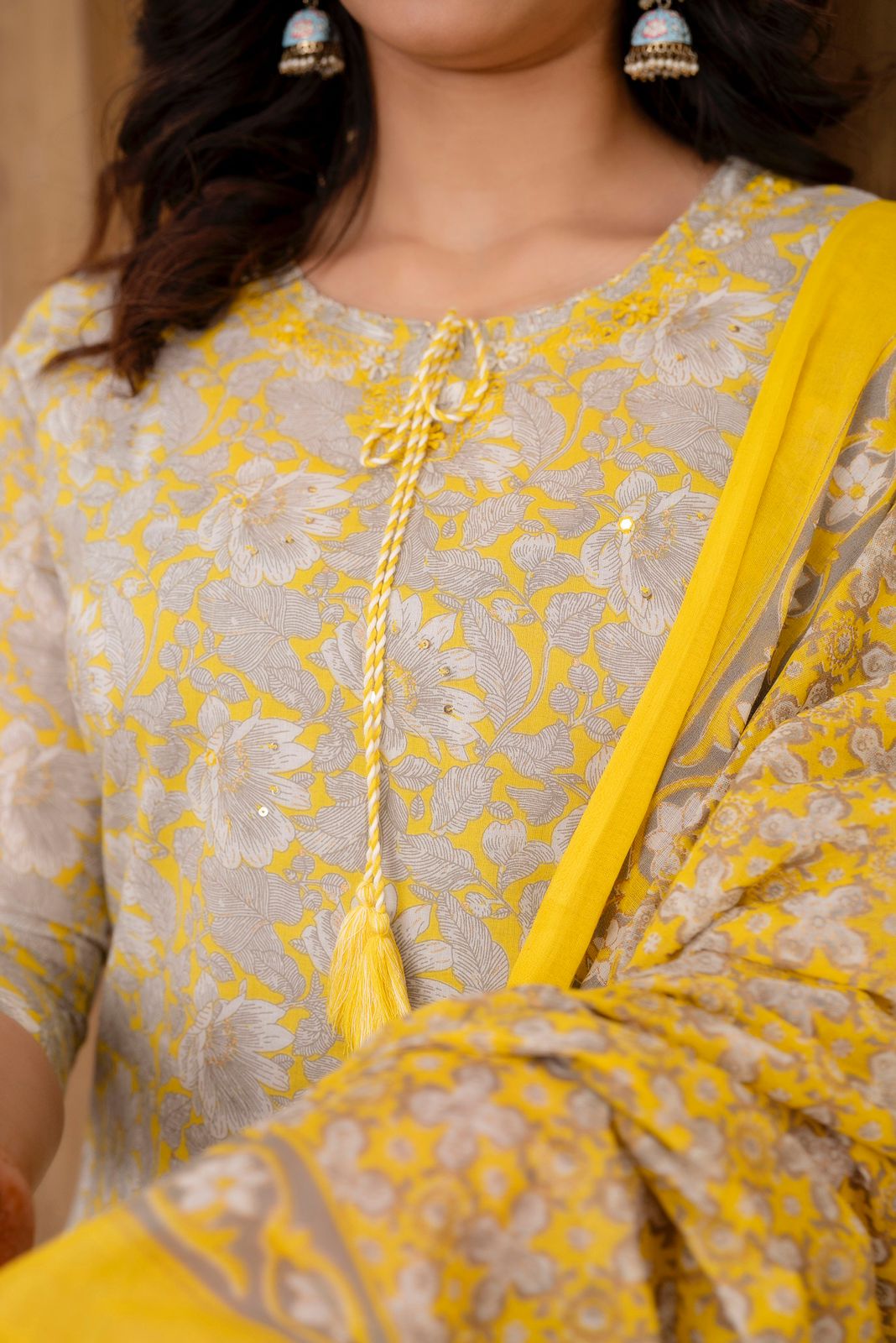 Mirror Work Embroidery Pure Cotton Mustard Kurta With Trousers & Dupatta