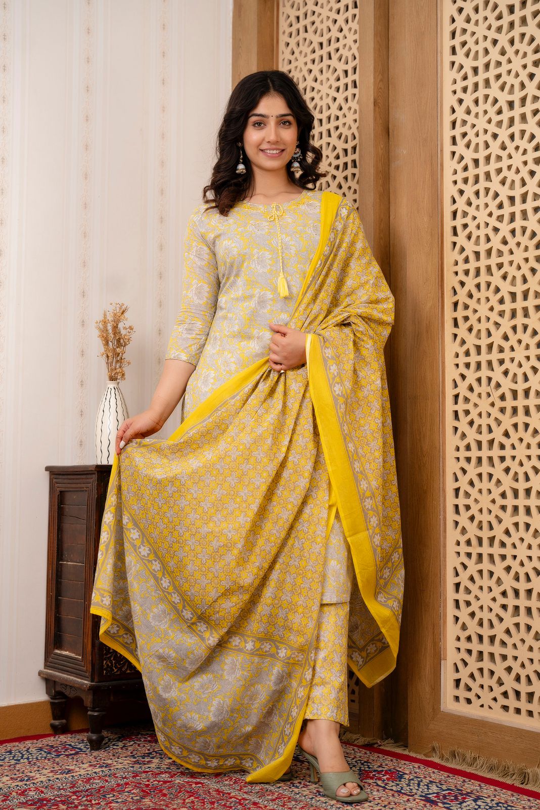 Mirror Work Embroidery Pure Cotton Mustard Kurta With Trousers & Dupatta