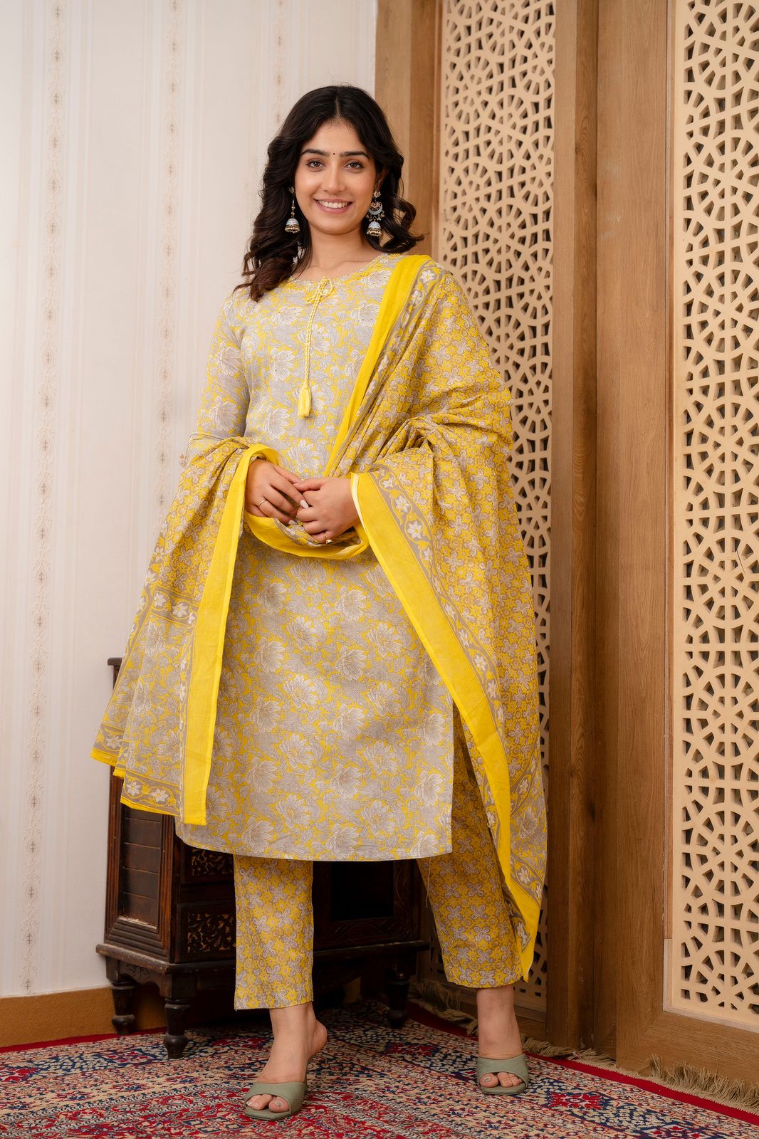 Mirror Work Embroidery Pure Cotton Mustard Kurta With Trousers & Dupatta