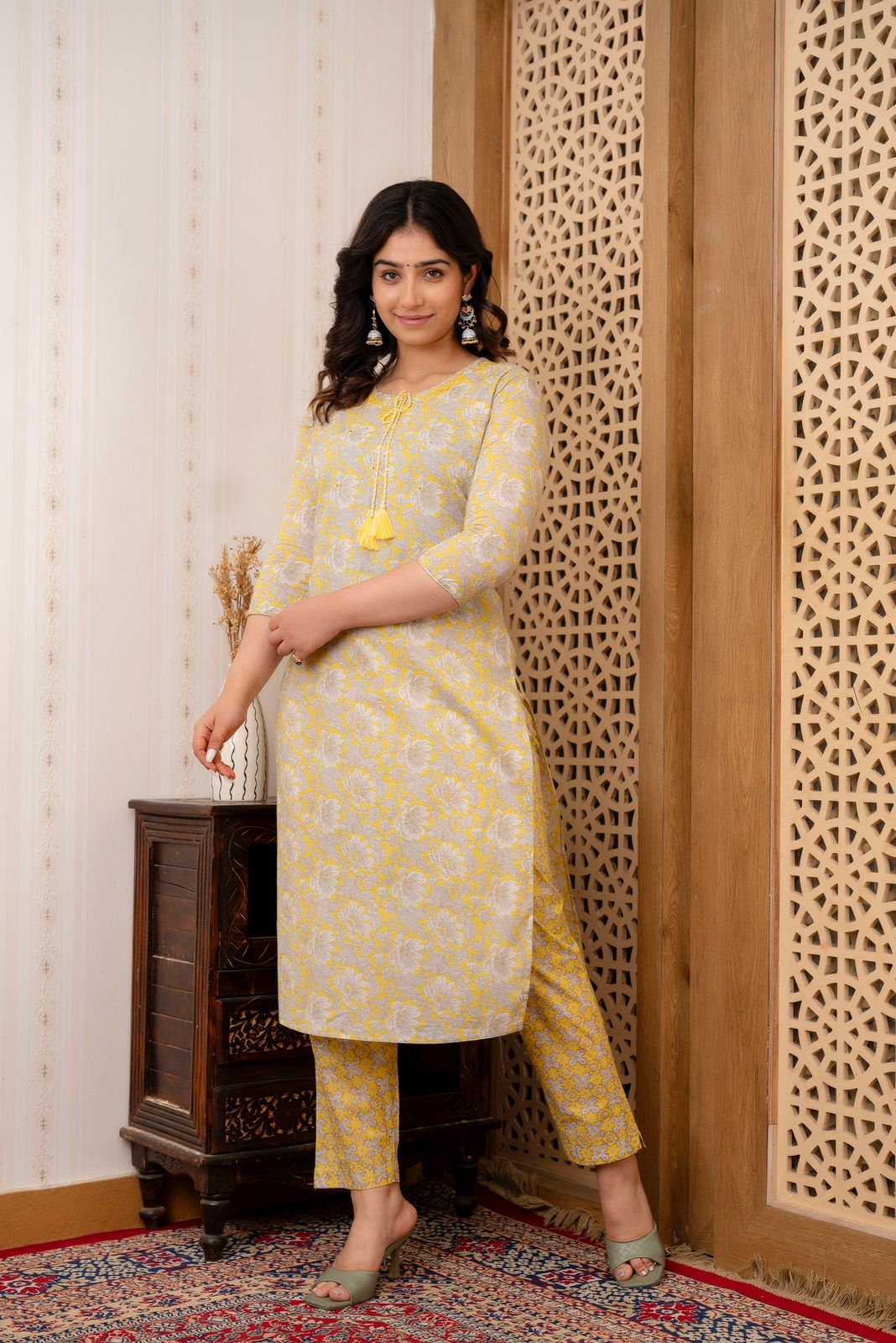 Mirror Work Embroidery Pure Cotton Mustard Kurta With Trousers & Dupatta