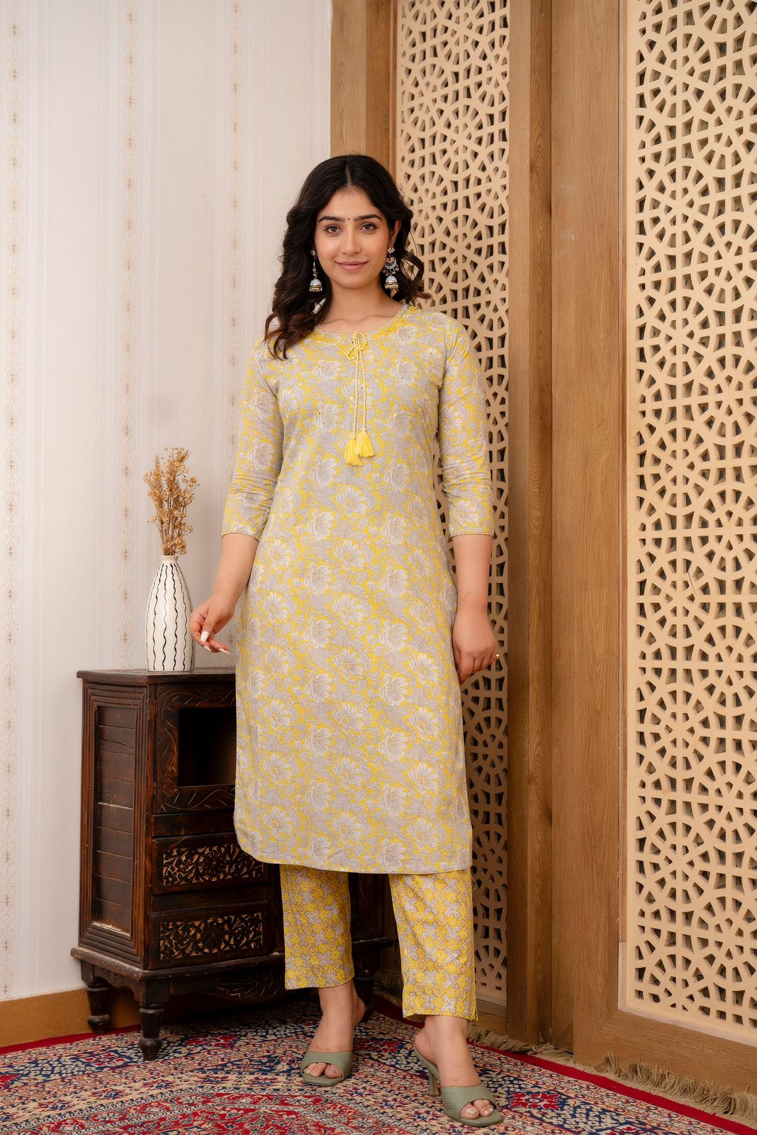 Mirror Work Embroidery Pure Cotton Mustard Kurta With Trousers & Dupatta