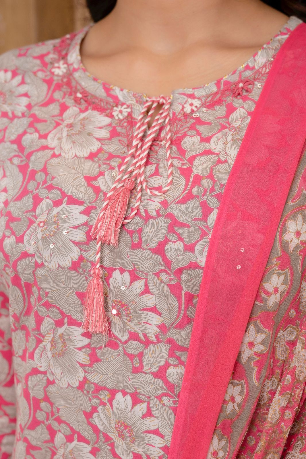 Hand Embroidered Sequence Pure Cotton Pink Kurta With Trousers & Dupatta