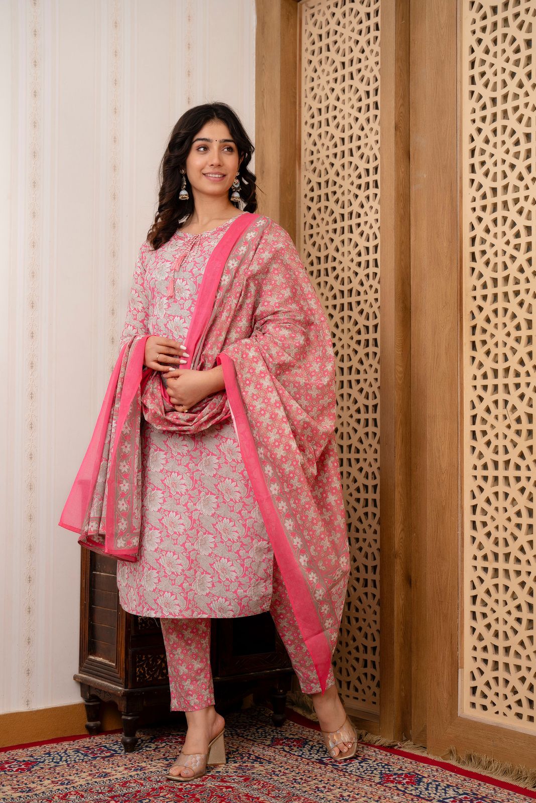 Hand Embroidered Sequence Pure Cotton Pink Kurta With Trousers & Dupatta