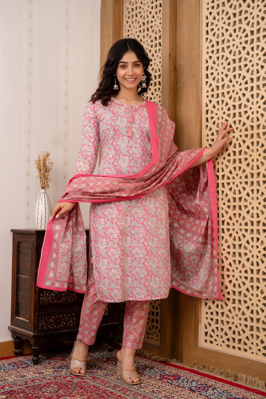 Hand Embroidered Sequence Pure Cotton Pink Kurta With Trousers & Dupatta