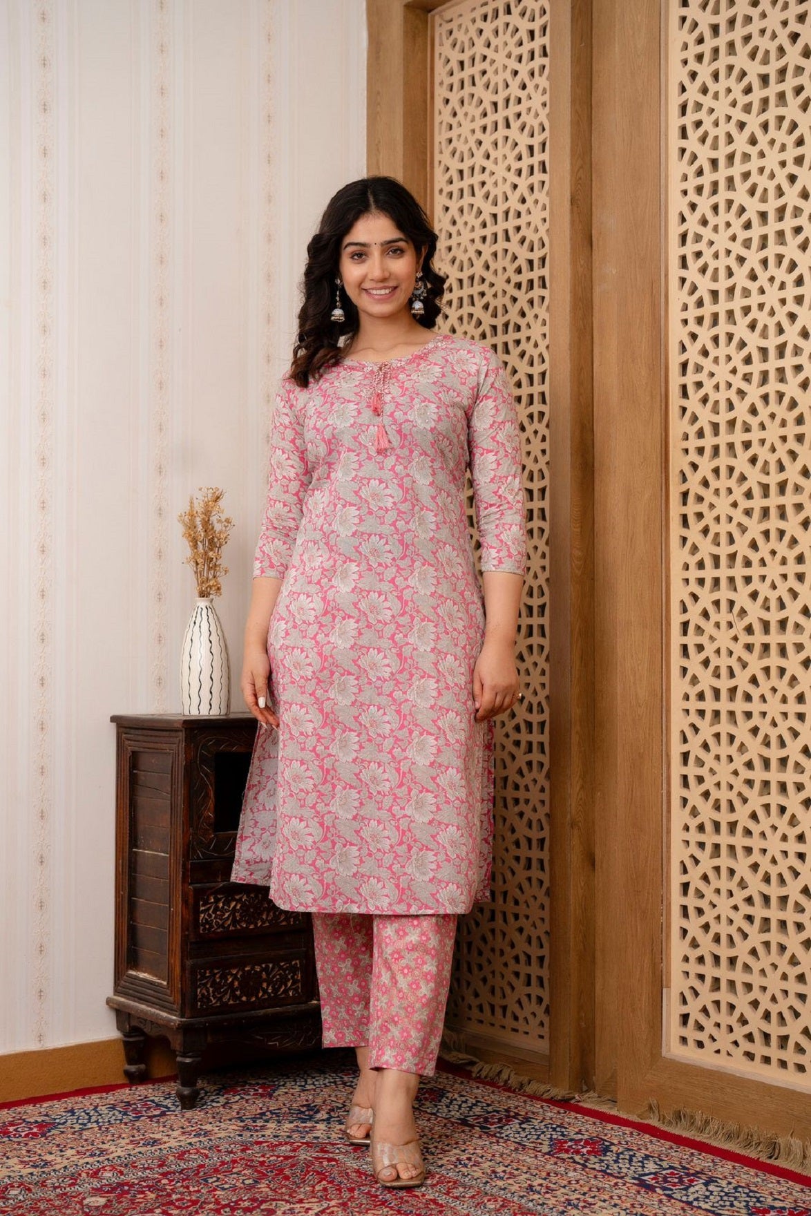 Hand Embroidered Sequence Pure Cotton Pink Kurta With Trousers & Dupatta