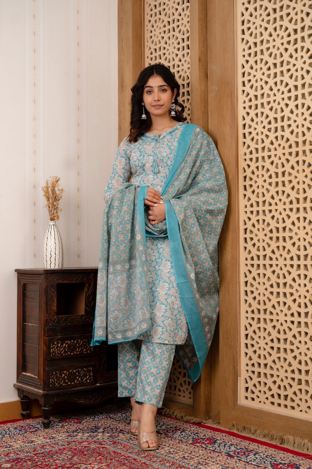 Hand Embroidered Sequence Pure Cotton Blue Kurta With Trousers & Dupatta