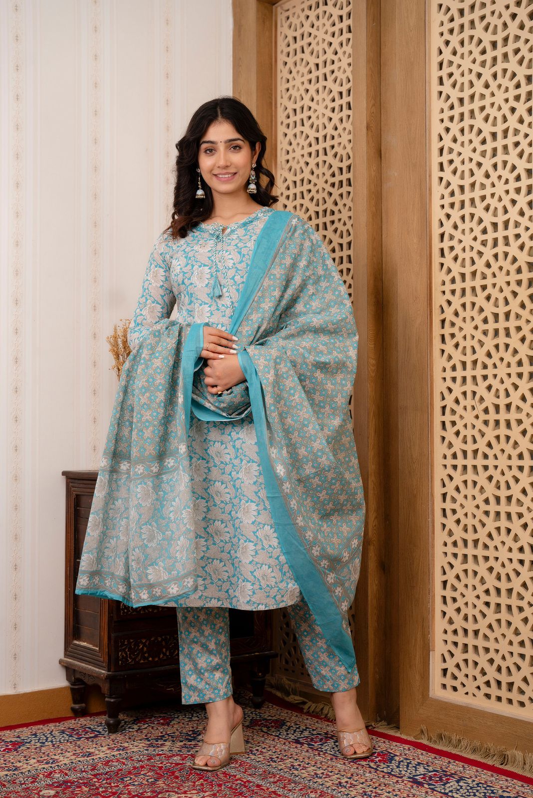 Hand Embroidered Sequence Pure Cotton Blue Kurta With Trousers & Dupatta