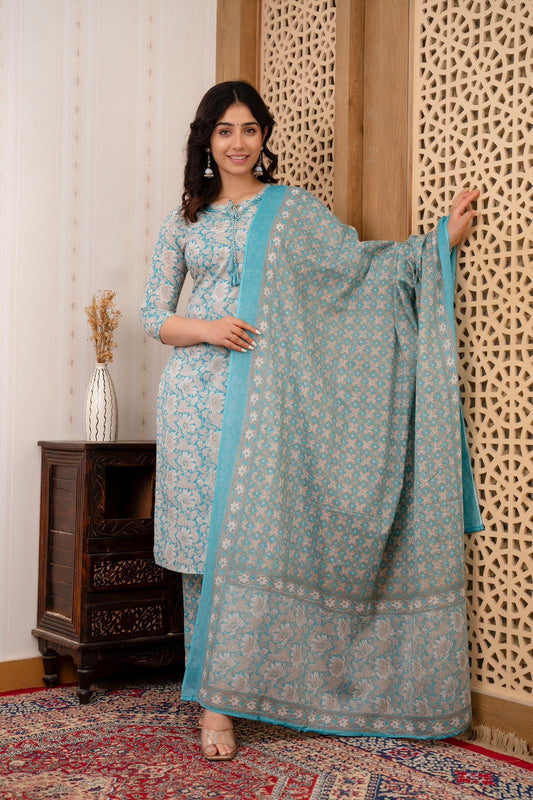 Hand Embroidered Sequence Pure Cotton Blue Kurta With Trousers & Dupatta