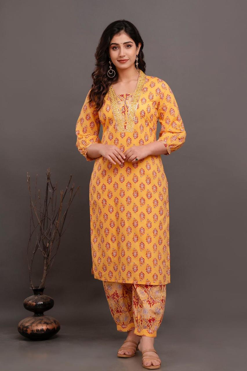 Hand Embroidery Pure Cotton Yellow Kurta With Trousers & Dupatta