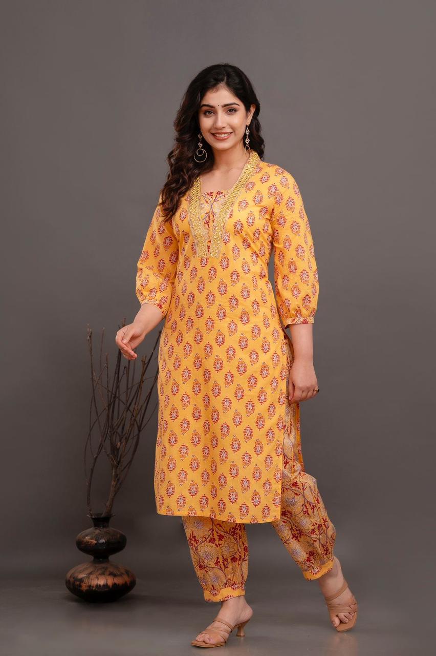 Hand Embroidery Pure Cotton Yellow Kurta With Trousers & Dupatta