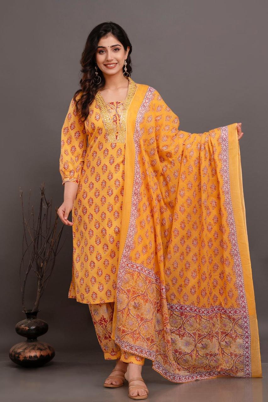 Hand Embroidery Pure Cotton Yellow Kurta With Trousers & Dupatta