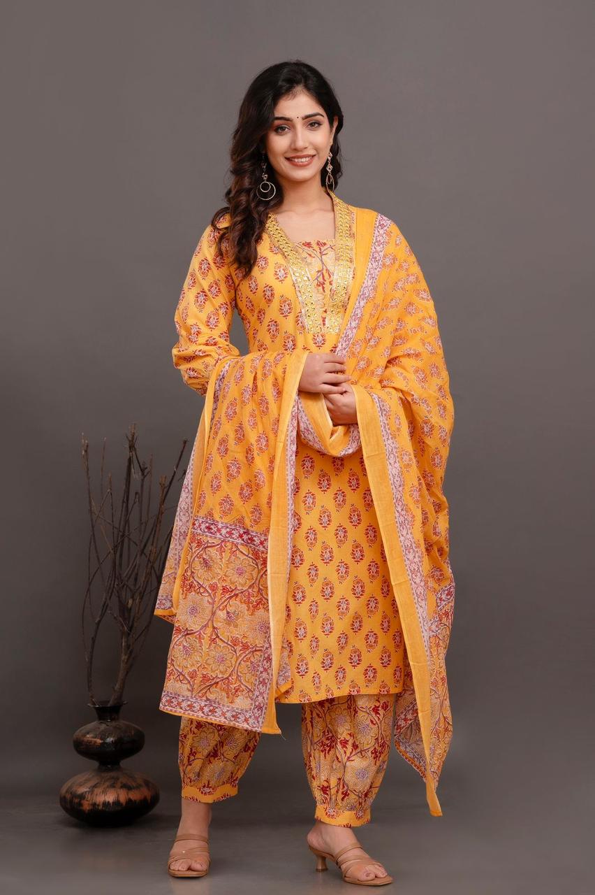 Hand Embroidery Pure Cotton Yellow Kurta With Trousers & Dupatta