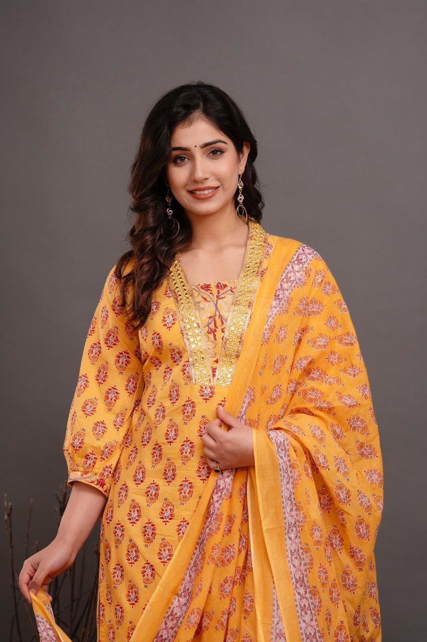 Hand Embroidery Pure Cotton Yellow Kurta With Trousers & Dupatta