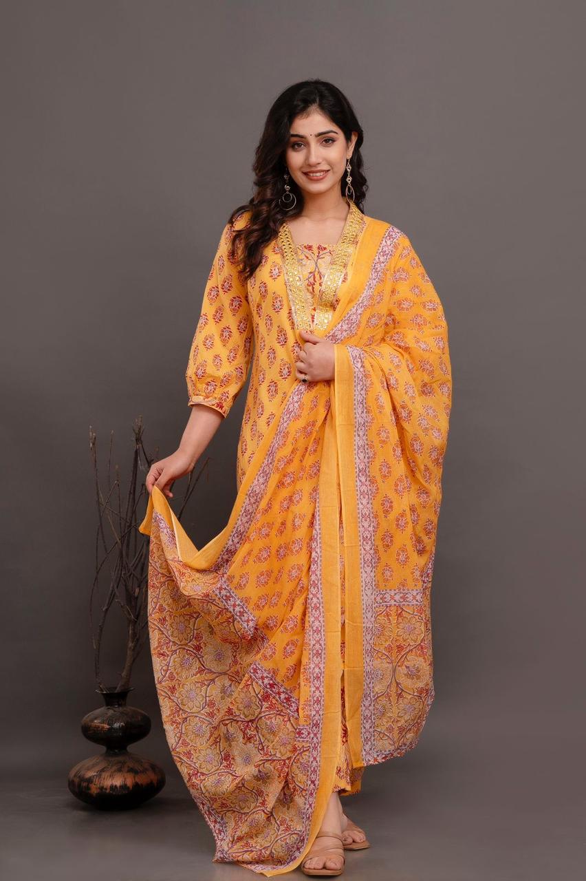 Hand Embroidery Pure Cotton Yellow Kurta With Trousers & Dupatta