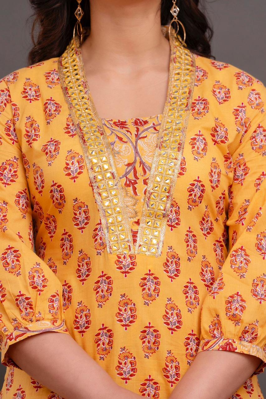 Hand Embroidery Pure Cotton Yellow Kurta With Trousers & Dupatta