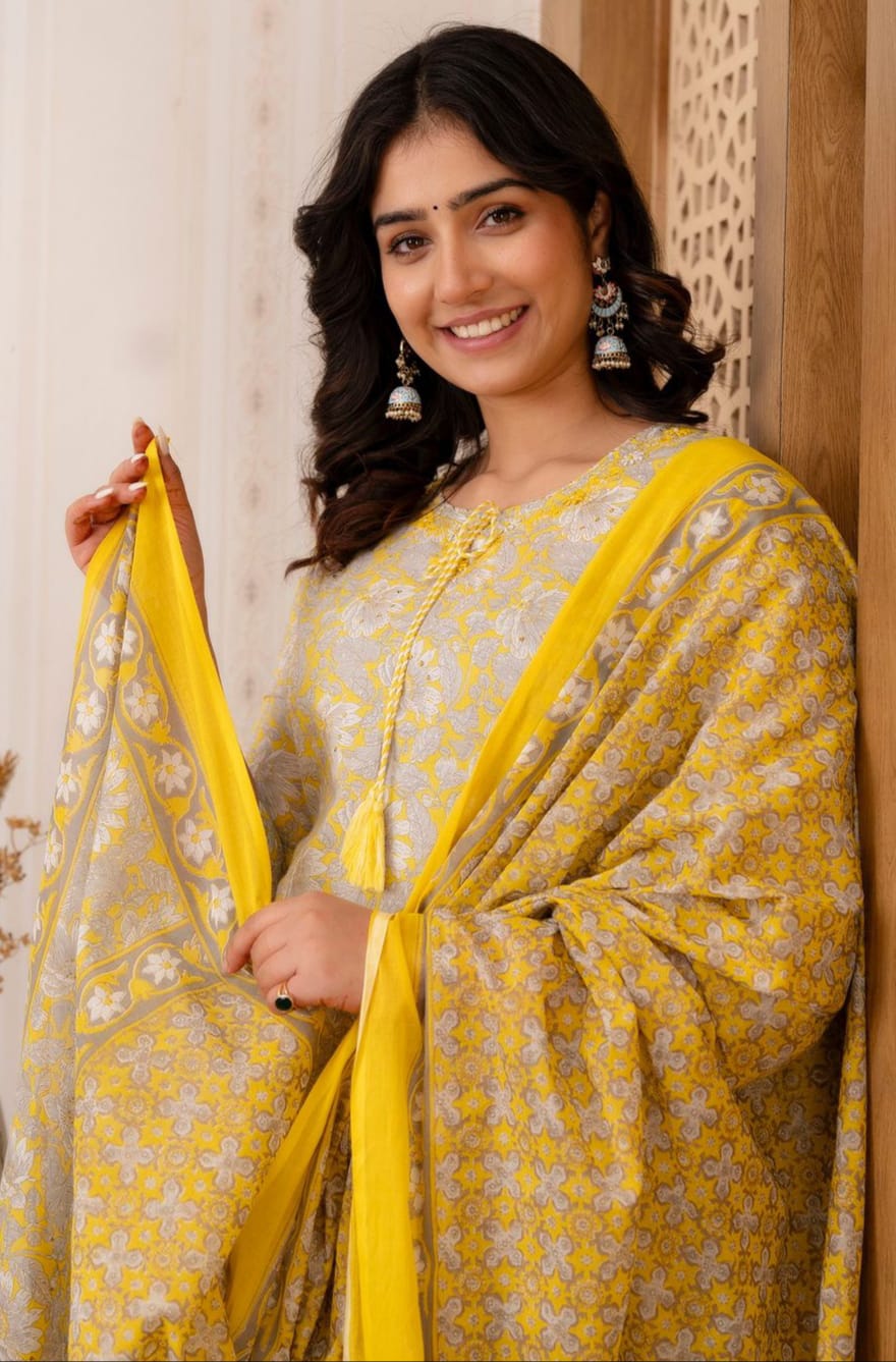 Mirror Work Embroidery Pure Cotton Mustard Kurta With Trousers & Dupatta