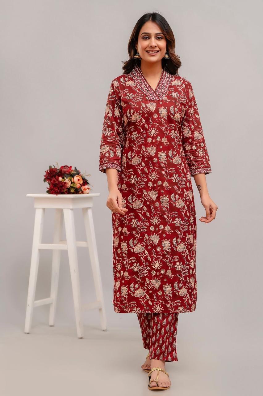 Hand Embroidered Sequence Pure Cotton Maroon Kurta With Trousers & Dupatta