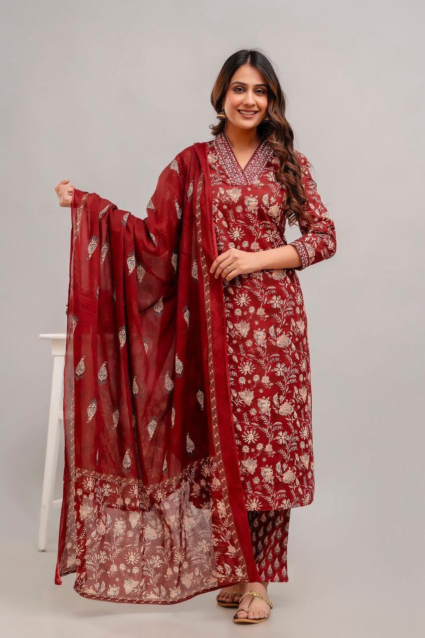 Hand Embroidered Sequence Pure Cotton Maroon Kurta With Trousers & Dupatta