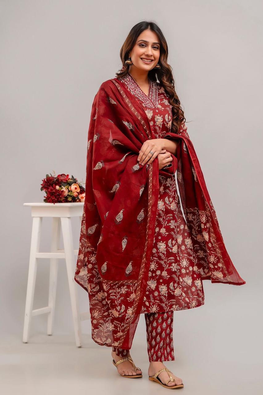 Hand Embroidered Sequence Pure Cotton Maroon Kurta With Trousers & Dupatta