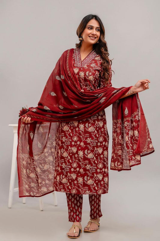 Hand Embroidered Sequence Pure Cotton Maroon Kurta With Trousers & Dupatta